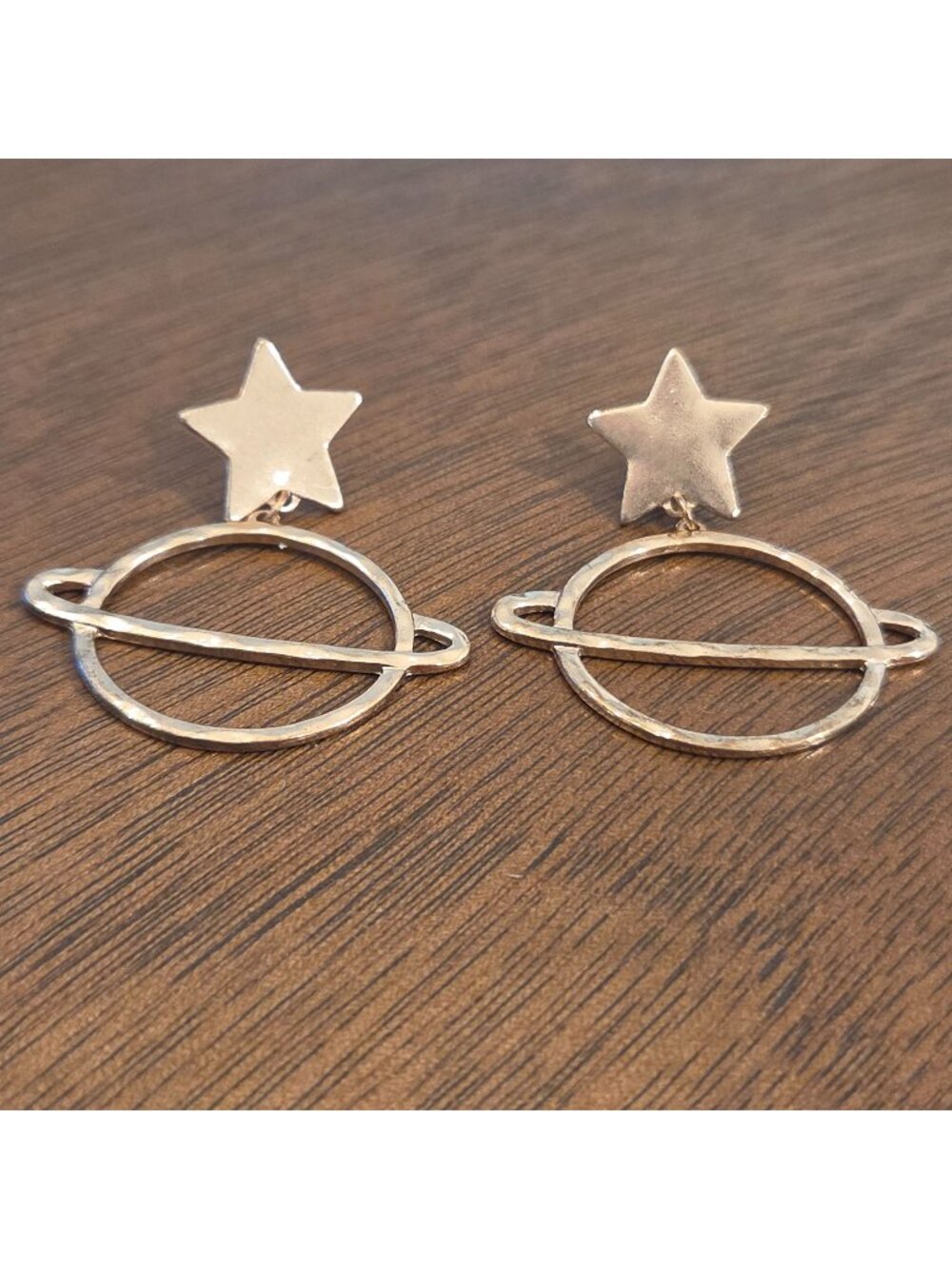 Gold Tone Outer Space Saturn Planet Dangle Drop Pierced Earrings